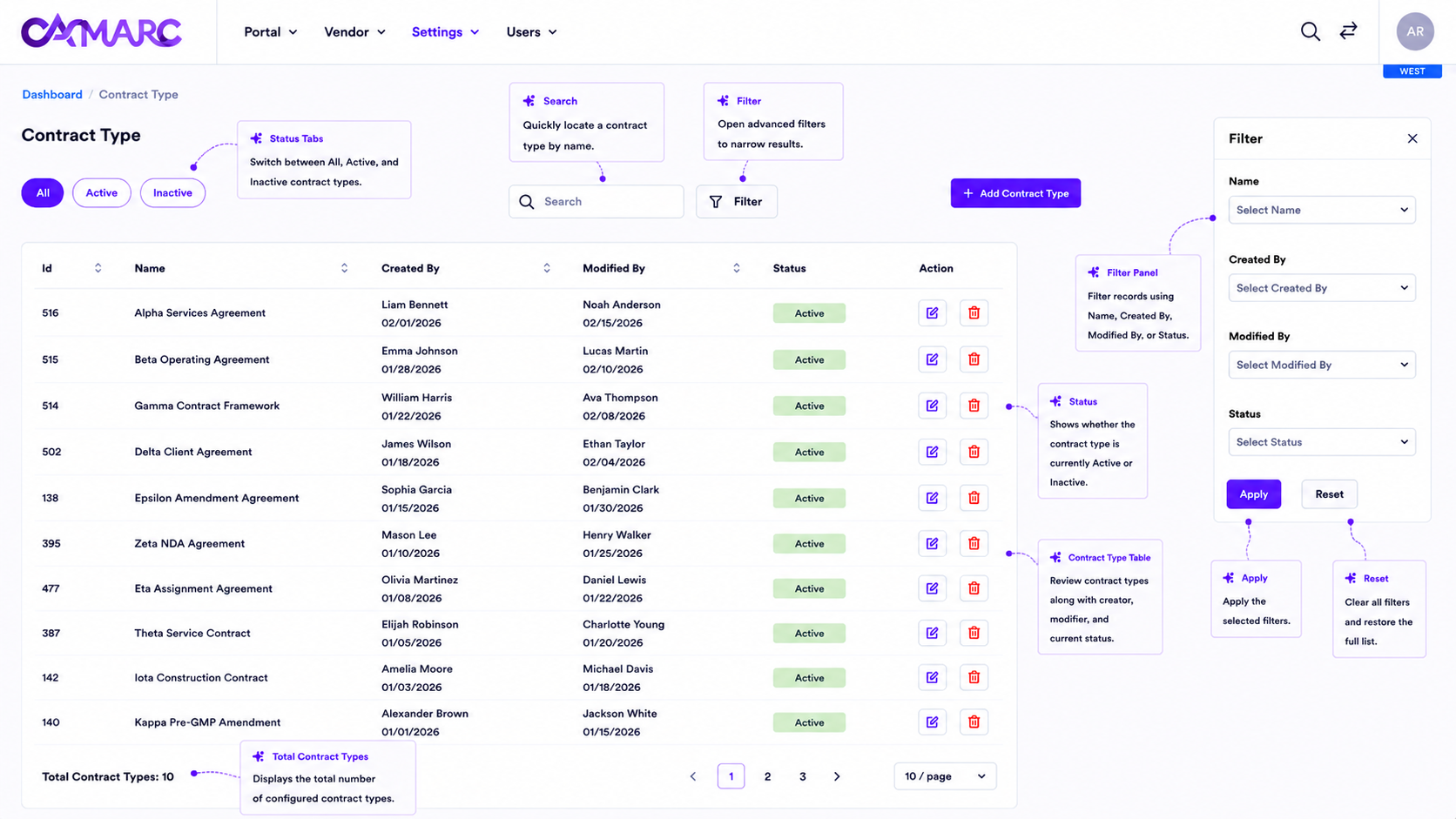 CAMARC contract type management interface with template configuration options.